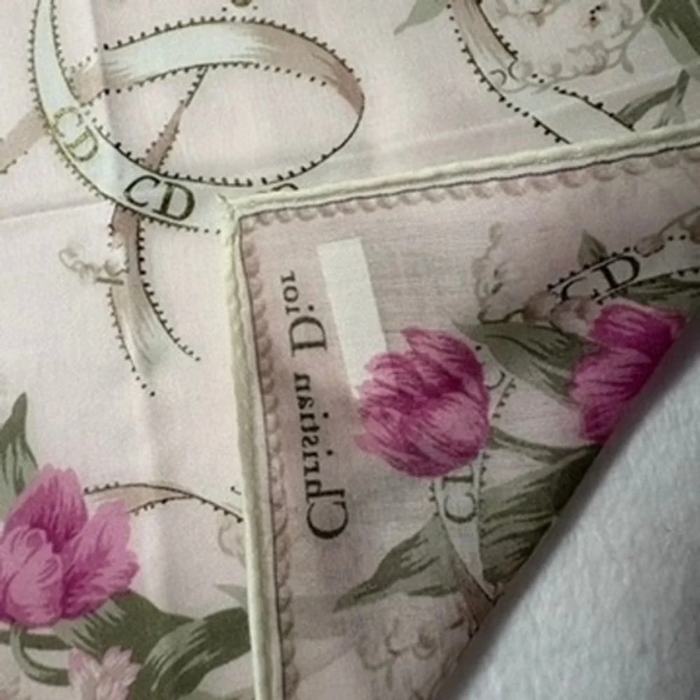 Vtg CHRISTIAN DIOR Scarf Handkerchief Floral Logo Cotton Pink 19